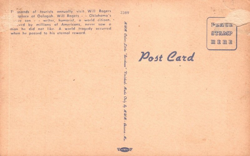 Birthplace O Will Rogers 12 Miles Northwest CLAREMORE Oklahoma Vintage Postcard