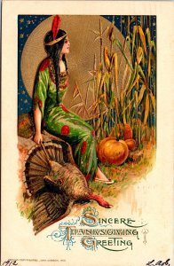 Vintage 1910's Schmucker Indian Winsch Girl & Turkey Thanksgiving Postcard