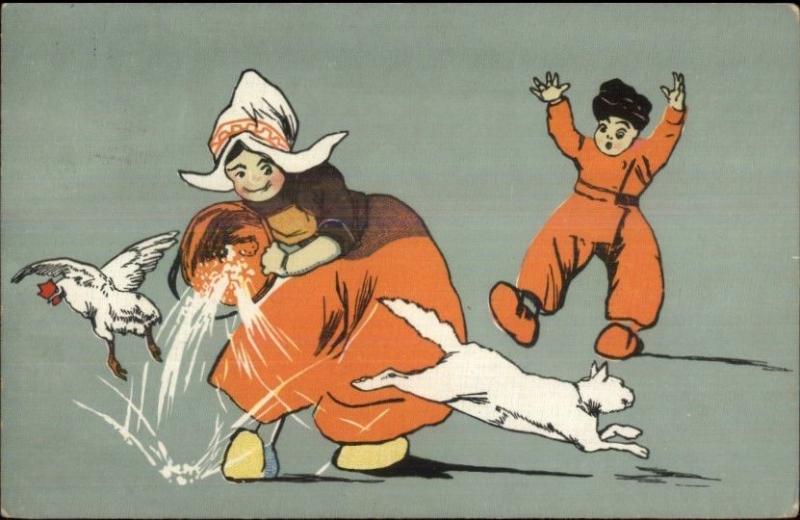 Dutch Girl Splashes Kitty Cat & Chicken w/ Water c1910 Postcard