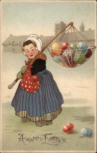Easter Stern Village Woman with Net of Easter Eggs c1910 Vintage Postcard
