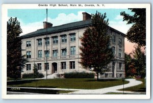 Oneida New York NY Postcard Oneida High School Main Street Scene c1920's Antique