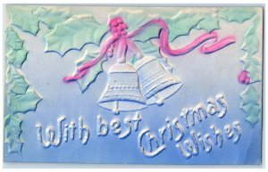 c1910's Christmas Wishes Holly Berries Ringing Bells Airbrushed Antique Postcard