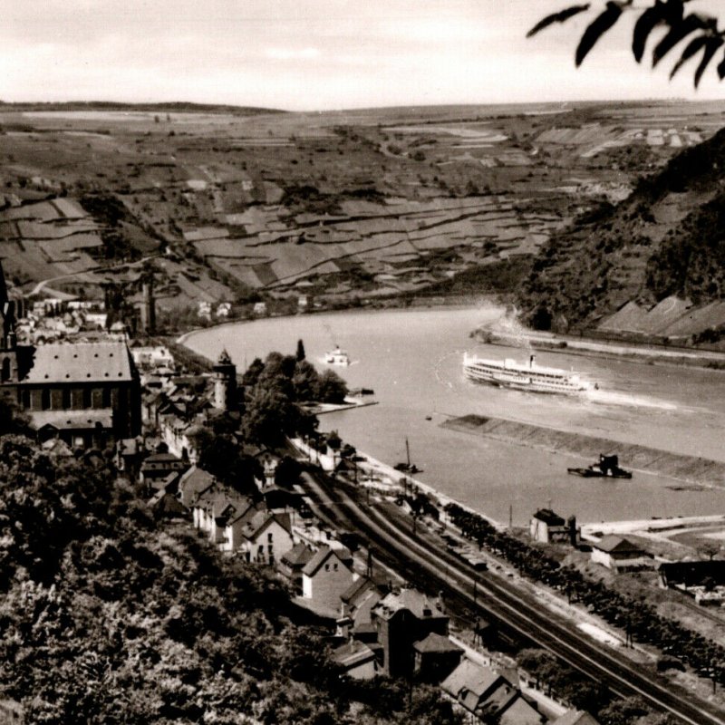 Vintage 1950s RPPC Schonburg Ruins Oberwesel am Rhein Rhine Postcard Boat Ferry