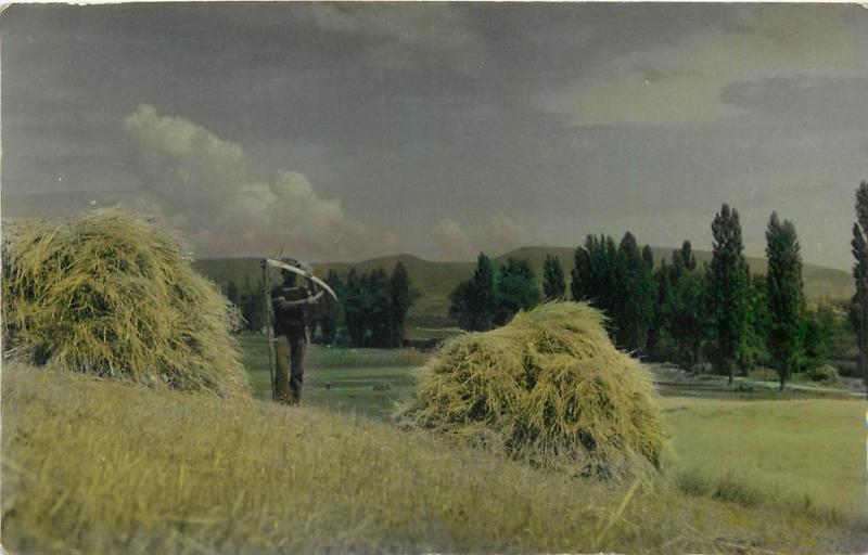 Agriculture man with scythe vintage real photo