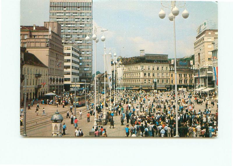 Postcard Yugoslavia Zagreb Trg Jugoslavija Town Square Trolley Car   # 4589A