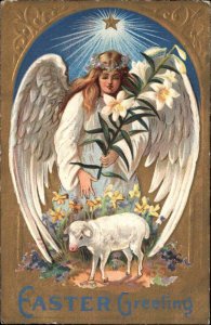 Easter Angel Lamb Sheep Lily Gilt Embossed c1910s Postcard