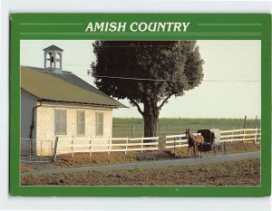 Postcard Horse and buggy ride in front of school house, Amish Country, PA