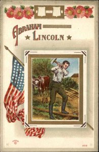 Abraham Lincoln Chopping Wood American Flag c1910 Vintage Postcard