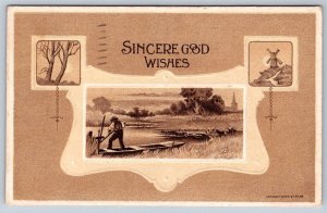 Sincere Good Wishes, Rural Scene, Man In Boat, 1912 Art Postcard Signed SM Salke