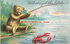 Anthropomorphic Teddy Bear Fishing, Will She Get the Lobster?