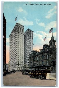 1914 Fort Street West Building Car-lined Scene Detroit Michigan MI Postcard