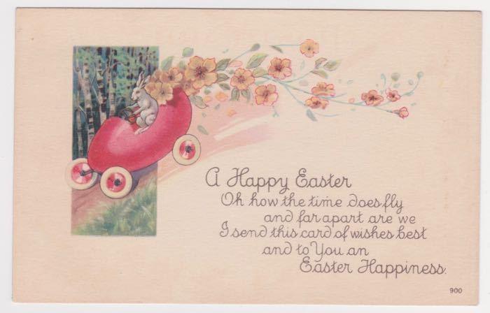 Fantasy Easter Bunny Rabbit Red Egg Car Flowers Vintage Postcard A35