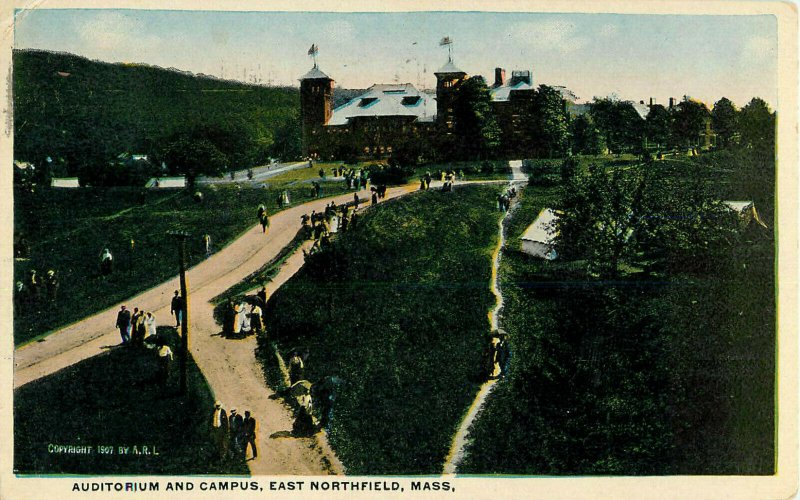 Postcard Auditorium And Campus, East Northfield, MA Posted 1916