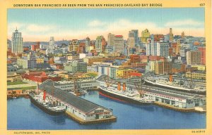 Downtown San Francisco California, Ships in Harbor, Linen Unused