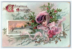 1908 Christmas Greetings Pretty Girl Holly Tuck's Clearbrook VA Antique Postcard