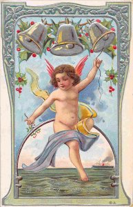 Happy New Year Greetings Cherub Above Ocean 1910 postcard