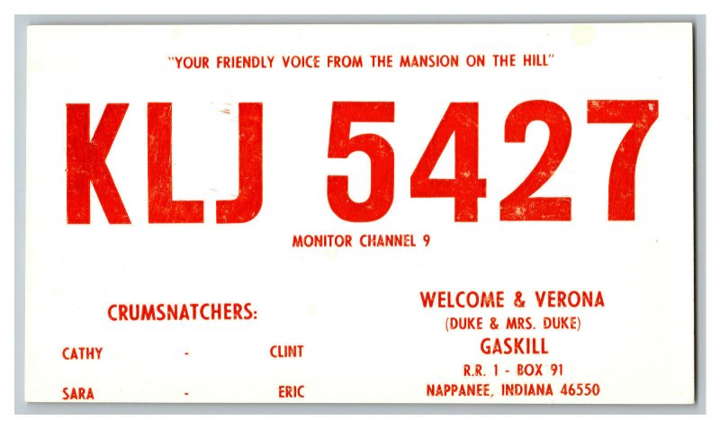 Postcard QSL Radio Card From Nappanee Indiana KLJ 5427