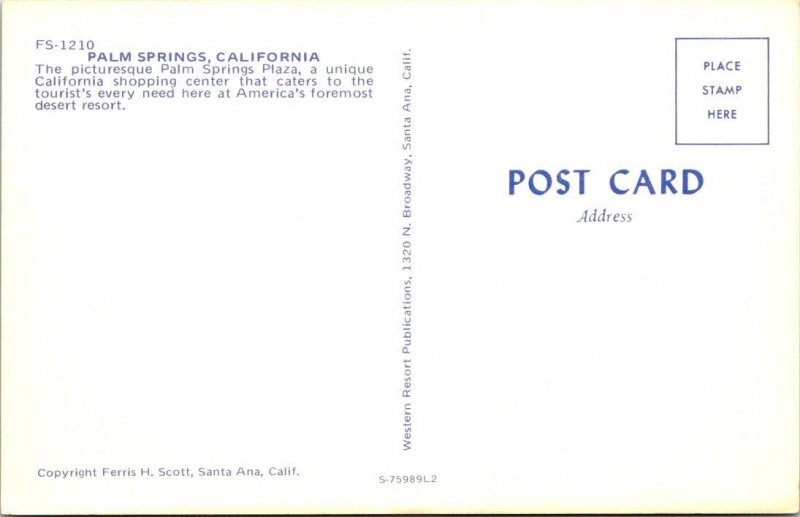 Palm Springs, CA California  PLAZA SHOPPING CENTER/STRIP MALL  ca1960's Postcard