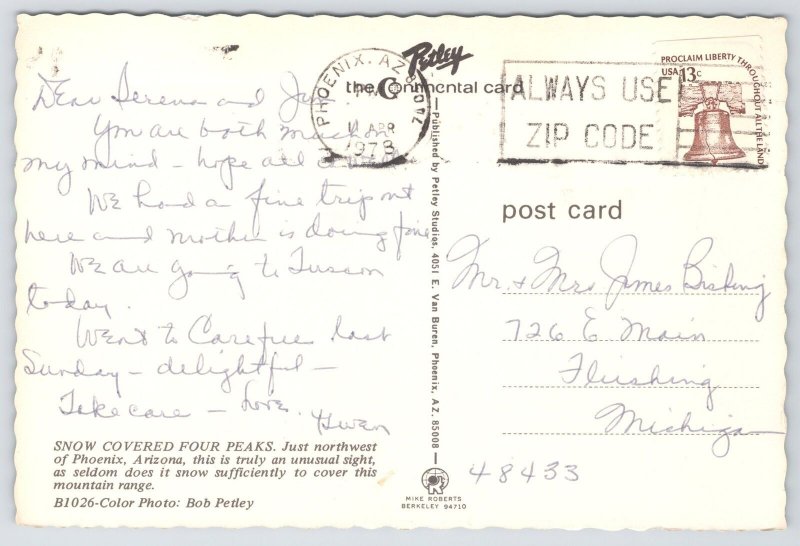 State View~Phoenix AZ~Snow Covered Four Peaks Mtn Range~Continental Postcard