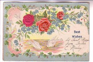 Pink Silk Rose on Embossed Card with Doves, Best Wishes, Used