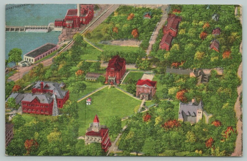 Beloit Wisconsin~Aerial View College Campus~Waterfront~1940s Linen Postcard