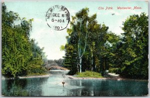 Worcester Massachusetts MA, 1907 Elm Park Arched Footbridge Over Water, Postcard