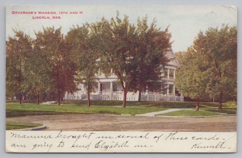 Lincoln Nebraska~Governor's Mansion Front View~PM 1908~Vintage Postcard 
