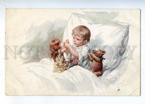 233325 Little Boy w/ TEDDY BEAR DOLL by FEIERTAG Vintage PC  