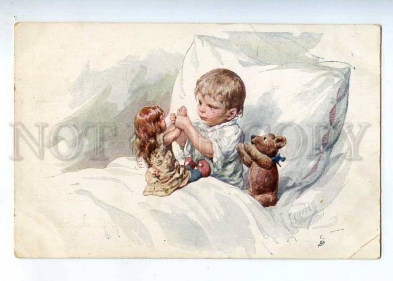 233325 Little Boy w/ TEDDY BEAR DOLL by FEIERTAG Vintage PC  