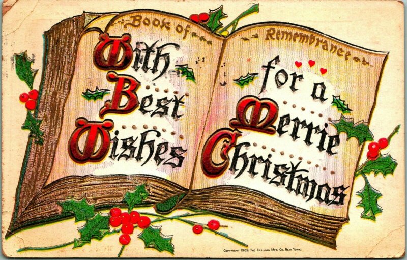 Open Book Best Wishes Merrie Christmas Embossed 1911 DB Postcard Ullman Co