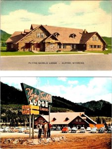 2~Postcards  Alpine, WY Wyoming  FLYING SADDLE LODGE  Roadside Motel/Bar/Cafe