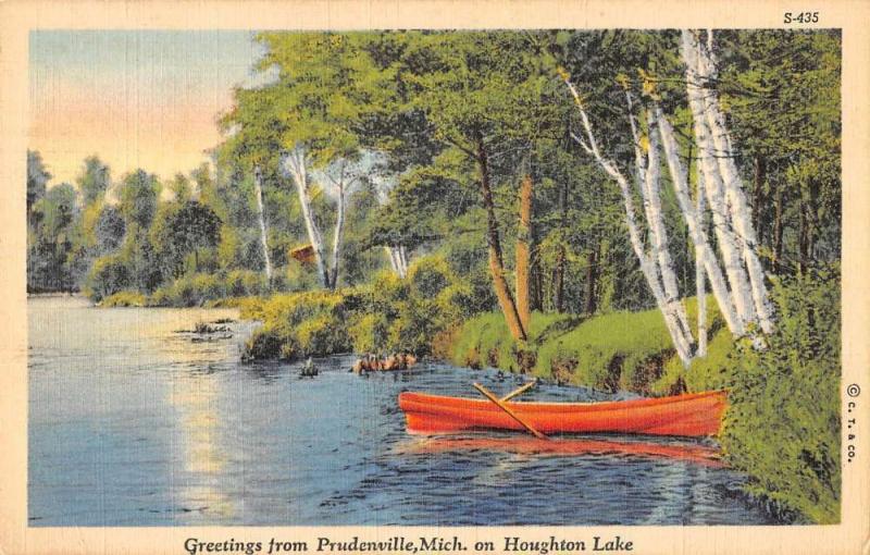 Prudenville Michigan Greetings From boat on Houghton Lake antique pc ZA440416