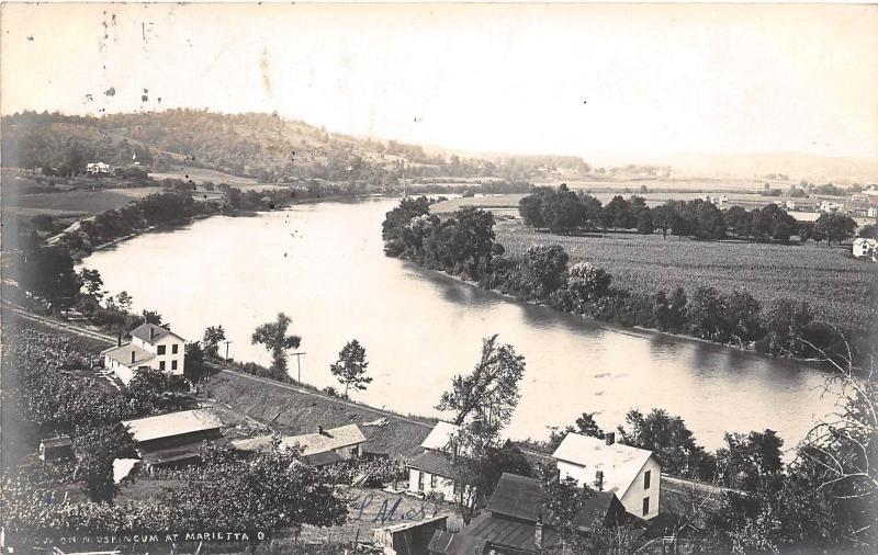 Ohio Postcard MARIETTA Real Photo RPPC 1906 MUSKINGUM RIVER Homes Railroad 2