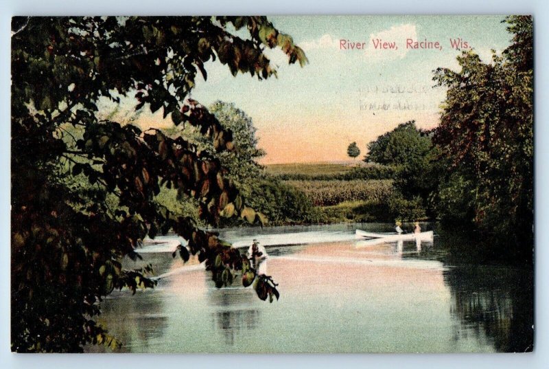 Racine Wisconsin Postcard River View Exterior Canoe Boat c1908  Vintage Antique