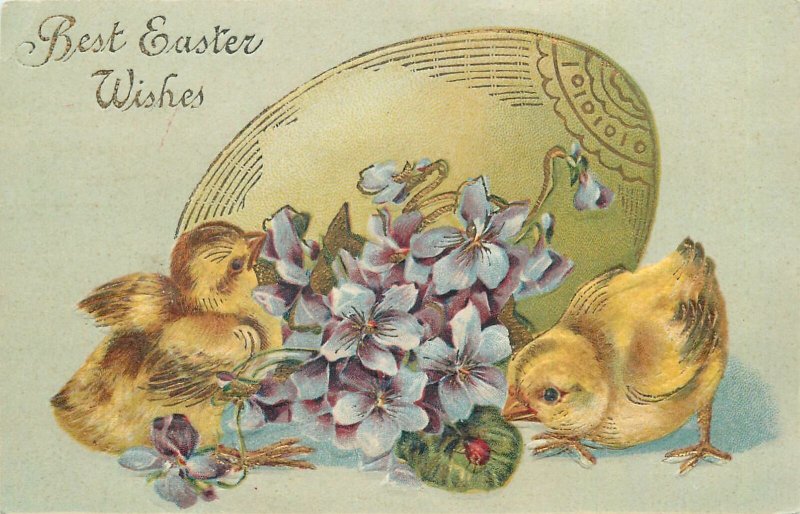 Postcard easter chicks greetings eggs fantasy flowers