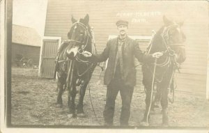 1910s RPPC Postcard Man & Draft Horses in Harness, Perry Tolbert Farm Unknown US