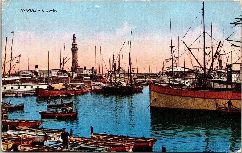 Napoli II Porto Docks Naples Province Boats Ships Reflections Vintage Postcard 