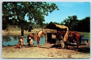 Postcard Texas Ranger Noonday Camp Fire Scene by the lake