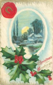 1911 Christmas Postcard Horseshoe in Red Wax Seal, Holly, Moonlit Scene Embossed