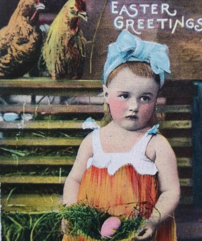 Easter Postcard RPPC Real Photo Rooster Farmer Girl Pastel Cedar Falls Iowa 1909