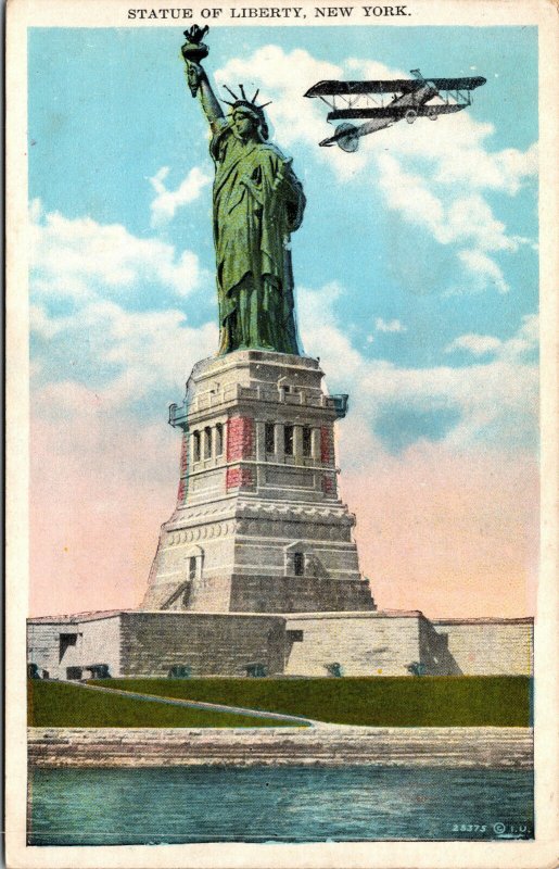 Vtg 1920 Statue Of Liberty Bi-Plane Bedloe's Island New York Harbor NY Postcard