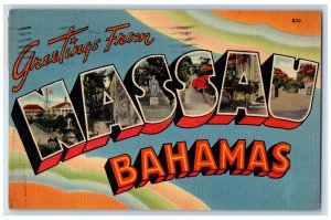 1947 Greetings from Nassau Bahamas Large Letter Multiview Coloful Postcard 