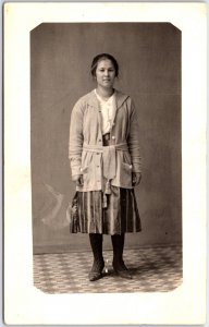 Young Women in Button Sweater with Striped Dress Portrait  - Vintage Postcard