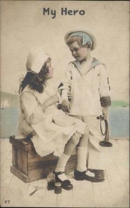 Little Girl and Boy Playing Doctor Nurse Nursing Tinted Real Photo Vintage PC