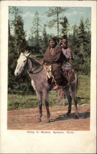 Spokane Washington WA American Indian Husband Wife Horseback c1910 Postcard