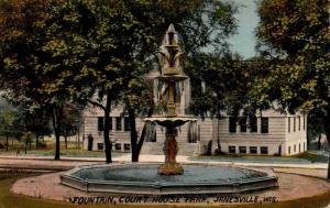 Fountain at Court House Park, Janesville Wisconsin Vintage Postcard D21