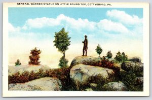 General Warren Statue On Little Round Top Gettysburg Pennsylvania PA Postcard