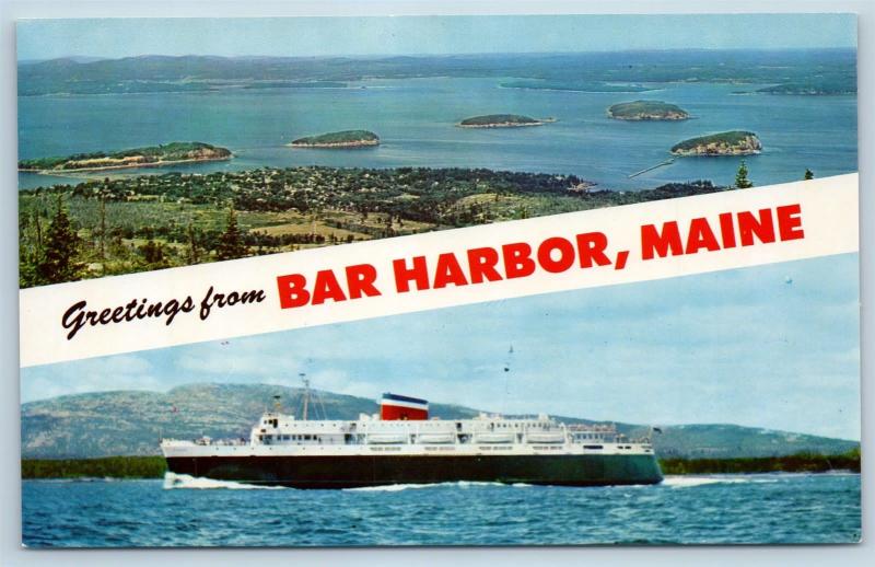 Postcard ME Banner Dual View Greetings From Bar Harbor Maine Vintage #2 O16