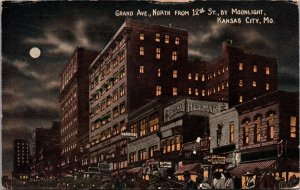 Postcard Grand Avenue North from 12th St. By Moonlight in Kansas City, Missouri