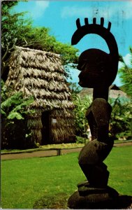 VINTAGE POSTCARD POLYNESIAN TIKI SILHOUETTED AGAINST NATIVE DWELLING HAWAAI 1962